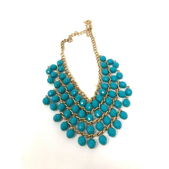 Statement Bib Necklace Gold Tone Teal Blue Beads 18" - Picture 3 of 4